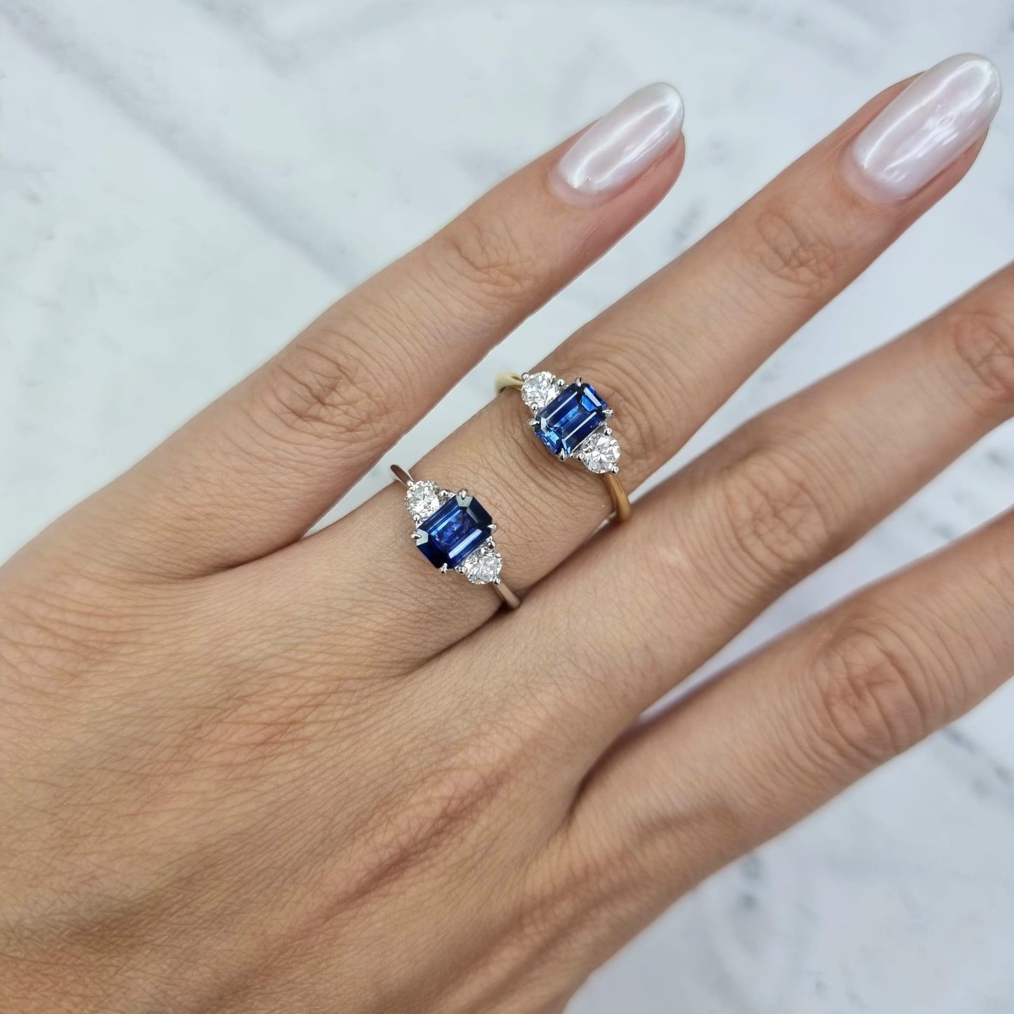 BLUE SAPPHIRE OCTAGONAL THREE STONE RINGS