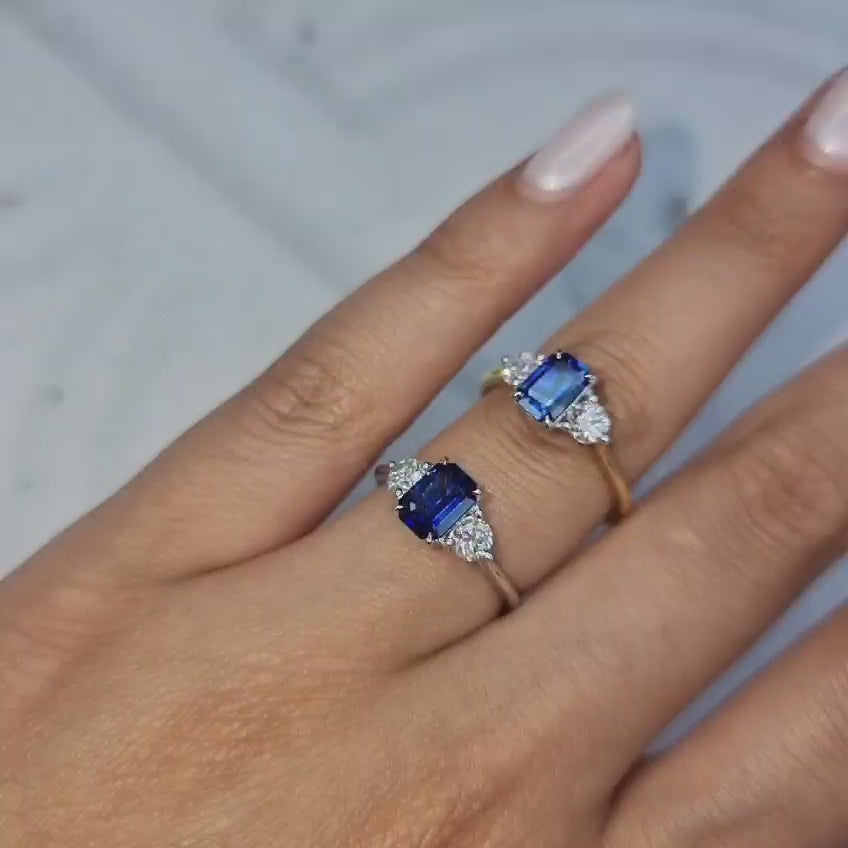 BLUE SAPPHIRE OCTAGONAL THREE STONE RINGS