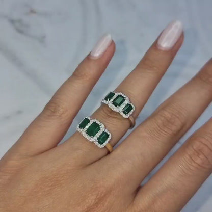 EMERALD OCTAGONAL HALO THREE STONE RINGS